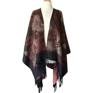 ESPRIT Knit Blanket Wrap Cape‎ Paisley Fringe Bohemian Cozy Layer Earth Tone OS